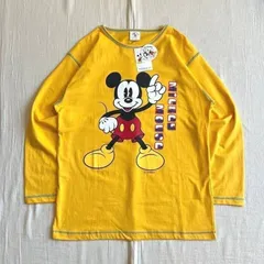 希少　未使用タグ付　dead stock　韓国モデル　Disney　MICKEY＆FRIENDS　指差しミッキー　キャラクター　デカロゴプリント　ロングスリーブTシャツ　ロンT　イエロー　ブルーステッチ　Y2K　アメカジ　logo print L/S teeのサムネイル