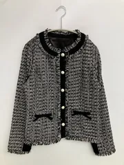 &LOVE ノーカラージャケット M ブラック ツイード フリンジ リボン ミドル丈 レディースのサムネイル