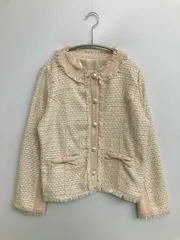 &LOVE ノーカラージャケット M ベージュ ツイード 無地 フリンジ リボン ショート丈 レディースのサムネイル