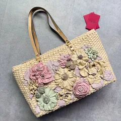 希少 VALENTINO GARAVANI ヴァレンティノガラバーニ フラワー カゴバック トートバッグ レザー パステルイエロー ロゴのサムネイル