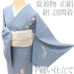 夏着物】絽＊付下げ 芝草に紅葉模様 背紋有 灰色 正絹 略礼装 4HH4 
