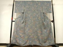 訪問着 袷 菊と流水文様 蝶 灰青色 着物×長襦袢 掛衿付き 2点セット 
