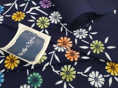 新品タグ付き京の帽子絞り半幅帯 椿柄 藍染め/リバーシブル綿麻半幅帯