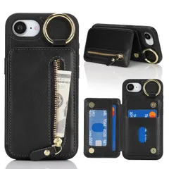 Ｈａｖａｙａ 対応 iPhone 17e ケース iPhone 16e ケース カード収納 米軍MIL規格 リング付き キーホルダー キーリング 耐衝撃 スタンド機能 財布 フェイクレザー-ブラックのサムネイル
