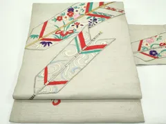 平和屋着物＊夏物　アンティーク　大正ロマン　九寸名古屋帯　総刺繍　駒刺繍　矢羽草花文　金銀糸　正絹　逸品　CABF4749rvのサムネイル