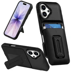 対応 iPhone 17 用 ケース カード収納 2枚 耐衝撃 TPU+PC アイフォン17スマホケース 米軍MIL規格取得 ICカード収納 スタンド機能 縦横両対応 レンズ保護 擦り傷防止 滑り止め 落下防止 指紋防止 全面保護カバー (ブラック)のサムネイル