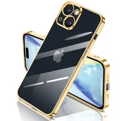 yakxixi対応 iPhone 15 ケース クリア ゴールドメッキ 黄ばみ防止 耐衝撃 レンズ保護 TPU 薄型 軽量 ワイヤレス充電対応のサムネイル