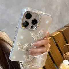 iPhone 15 用 ケース キラキラ 蝶々 パール 立体 韓国 かわいい 半クリア ゴージャス 綺麗 人気スマホケース レディース バタフライ オシャレ シンプル 光沢カバー 派手のサムネイル