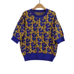 ブルー イエロー パータン ニット Free! オーバーサイズ 半袖 ニット Tシャツのサムネイル