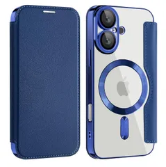 人気商品　薄型 軽量 スマホケース 防塵 レザー PU革 カード入れ ワイヤレス充電対応 手帳 耐衝撃 マグセーフ ケース ケース 16 16 全面保護 アイフォン 財布型 クリア 透明 背面 スマホカバー（ダークブルー） 6.1インチ magsafe対応 手