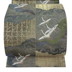 【美品】 袋帯 秀品 鶴 波 金銀糸 唐織 灰色 六通 正絹 【中古】