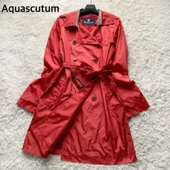アクアスキュータム Aquascutum ナイロン トレンチコート スプリングコート レインコート ロング フレア Aライン 赤 朱色 レッド系 サイズ8 Mサイズ 春 秋 通勤 通学 お出かけ 旅行 軽量 クラブチェック チェック 上品 高級 良品のサムネイル