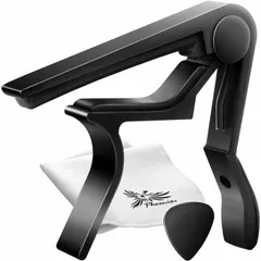 Phoenix ワンタッチ ギター カポ タスト 【 type R 】 お手入れ用 ファイバークロス 0.71㎜ ティアドロップ タイプ ピック 安心安全メーカー保証書 4点セット！フォーク エレキ クラシック アコースティック 黒 ブラック BLACKのサムネイル