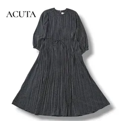 アクータ ACUTA ドット プリーツ ロング ワンピース ブラック 黒 フリーサイズ フレア レディース 水玉 総柄 6A049のサムネイル