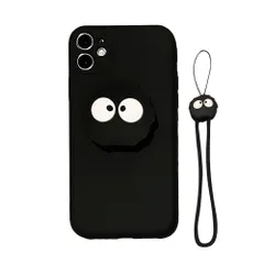 iPhone 14 用 ケース まっくろくろすけ スマホケース ストラップ リストレット 携帯ストラップ キックスタンド ブラケット アイフォン 14 用 ケース シリカゲル保護カバー 傷つきにくさを向上 黒 スタンド機能のサムネイル