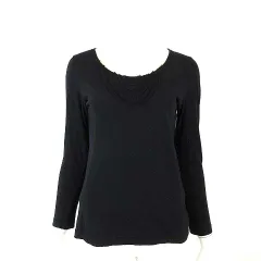 パドカレ pas de calais カットソー トップス フリンジ レース装飾 ラウンドネック コットン 長袖 M 38 黒 ブラックのサムネイル