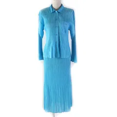 【ドンドン見直し】美品★PLEATS PLEASE プリーツプリーズ イッセイミヤケ PP22-JJ853/PP22-JG855 チェック柄 長袖シャツ＋ロングスカート 2点set セットアップ ライトブルー 3 日本製 正規品 レディースのサムネイル