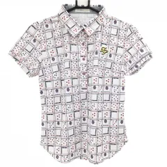 【新品】フェアリーパウダー 半袖ポロシャツ 白×レッド×ネイビー 小花スクエア総柄 ワッペン レディース 2(M) ゴルフウェア FAIRY POWDERのサムネイル