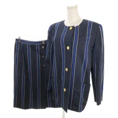 ミラショーン mila schon boutique スーツ ウール ジャケット 40 ラップスカート 42 紺 ネイビー ストライプ柄 ノーカラー 長袖 /MN26 ■ECB005のサムネイル