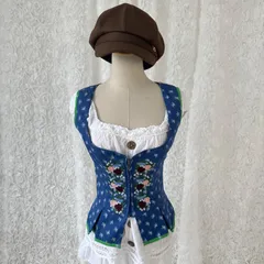 ドイツ製 ディアンドルベスト 花刺繍 コットン ブルー チロリアンベスト 民族衣装 トラハト Trachten レディース ヨーロッパヴィンテージ 36のサムネイル
