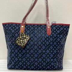 Y4343【美品】 CHRISTIAN OLIVIER　クリスチャンオリビエ　 トートバッグ　モノグラム　ロゴ　総柄　ナイロン　 レザー　ブラック×ネイビー系　カラーハンドル　赤　 タグ付き　レディースのサムネイル
