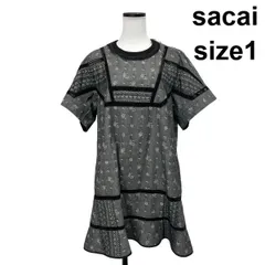 ◇ サカイ sacai デニム刺繍ワンピース ラウンドネック 半袖 トロピカル柄 刺繍 透け感 フレア グレー 綿 1 M 9号 レディース S6F206のサムネイル