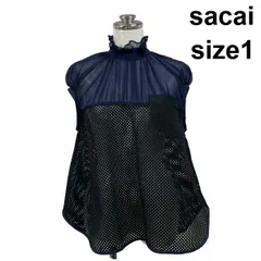 ◇ サカイ sacai メッシュトップス フリルハイネック フレンチスリーブ プリーツシフォン Aライン ネイビー 綿 1 M 9号 レディース S6F220のサムネイル