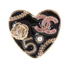 극미품 ◇ CHANEL 샤넬 B24S 코코 마크 카멜리아 No5 아이콘 하트 핀 브로치 블랙 골드 상자 첨부 이탈리아제 레이디스