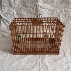 温かみのある竹細工の鳥かごオープンデザイン 鳥かご 止まり木2本や餌入れ付き 約19x37x26のサムネイル
