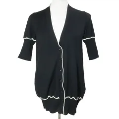 イヴサンローラン YVES SAINT LAURENT ニットカーディガン 5分袖 Vネック ウール 薄手 S ブラック ホワイト /Xのサムネイル