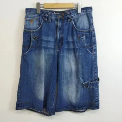 90s ROCAWEAR ロカウェア デニム バギー ハーフ パンツ カーゴ ギミック JORTS  B系 B-BOY Y2K ストリート 古着 コットン インディゴ 32 F182のサムネイル