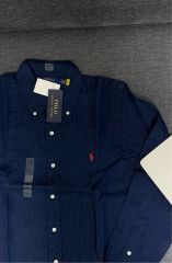 極美品】オリアン リネン バンドカラーシャツ S ネイビー 麻 長袖