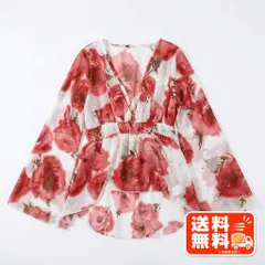 花柄 シフォンブラウス 長袖 レッド系 フレアスリーブ ウエスト絞り PINK HOUSE風