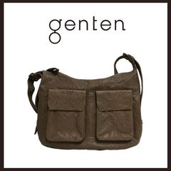 美品 genten ゴートシュリンク かぶせ付ショルダーバッグ グレージュ 