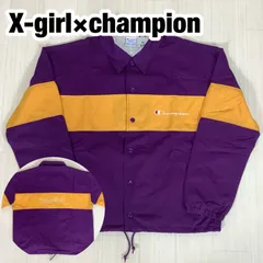 【美品】【未使用級】X-girl × champion コラボ 全刺繍ロゴ コーチジャケット ブルゾン M パープル×イエロー 切り替えし配色 着丈64cm 肩幅59.5cm 身幅(脇下)58cm 袖丈54cm【古着】のサムネイル