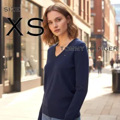 【極美品】TOMMY HILFIGERトミーヒルフィガー 高級ピマコットン製 Vネックニット セーター XS(JPN S)紺ネイビー 【古着】【中古】【送料無料】のサムネイル