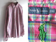 希少 00sビンテージ Ralph Lauren ラルフローレン ロゴ刺繍 コットン チェックシャツ BDシャツ XL ピンク グリーン USA企画