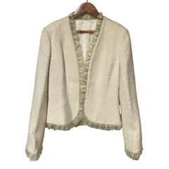 新品同様 Harrods ハロッズ フリルチュール付き ツイードジャケット 2 アイボリー レディース 古着 中古 USEDのサムネイル