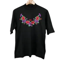 美品 FEILER フェイラー フラワー刺繍 モックネック ショートスリーブ カットソー ブラック レディース 古着 中古 USEDのサムネイル