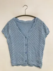 merlot メルロー カーディガン/ボレロ F スカイブルー コットン ニット 無地 レース ショート丈 半袖 レディースのサムネイル