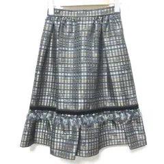 美品 miss Ashida ミスアシダ チェック柄 ペイズリー フリンジ ひざ丈 フレアスカート 7号 ブラック系 レディース 古着 中古 USEDのサムネイル