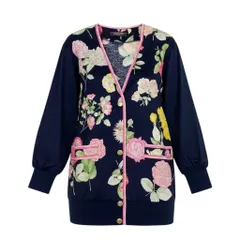 73f9 【美品】 LEONARD FASHION レオナール ノーカラー ロングジャケット カーディガン  美しい花柄プリント 金ボタン サイズM ネイビー コットン100％ レディース 女性服u02tのサムネイル
