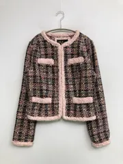 CECIL McBEE セシルマクビー ノーカラージャケット M ピンク ボア ツイード チェック柄 ショート丈 レディースのサムネイル