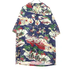 美品 Pau Hana パウハナ 総柄 半袖 オープンカラー アロハシャツ M ネイビー ハワイ メンズ 古着