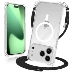 新品 MagSafe対応 iPhone 17 Pro Max用 ケースクリア ストラップ ショルダー マグネット搭載 HILEGENERアイフォン17 プロ マックスカバー 縦/横 2WAY肩掛け 斜めかけケース【長さ調整可能 ブラック縄掛け付き】2重構造軽量