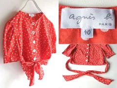 agnes b. アニエスベー コットン ドット柄 裾リボン ショート丈 ノーカラーシャツ ブラウス 40 レッド 赤 白 ルーマニア製のサムネイル