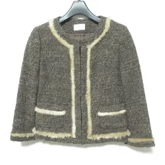 美品 Harrods ハロッズ ミンクファートリム ツイードノーカラージャケット saizu 2 ブラウン レディース 古着 中古 USEDのサムネイル