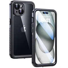 Lanhiem iPhone 15 用 防水ケース IP68防水米軍規格 Face ID認証 タッチ可 耐衝撃 滑り止め 防塵 防雪 水中撮影 ワイヤレス充電サポート超軽量 薄型 透明 付け外し簡単 全面保護のアイフォン15 防水カバー ブラックのサムネイル