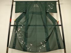 美品 訪問着 絽 夏 夏着物 深緑 朝顔 とんぼ 金彩 身丈164cm 正絹