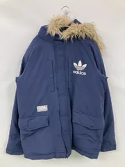 adidas アディダス ダウンジャケット/コート 100 ネイビー ナイロン コットン バックプリント ワンポイント ブランドロゴ ミドル丈 フードあり ジップアップ ボタン留め メンズ レディース